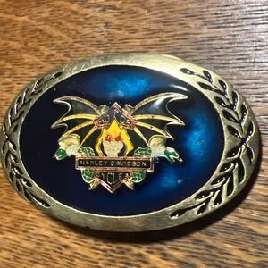 Vintage Harley Davidson Belt Buckle Blue Enamel Winged Skull Snake Oval Brass